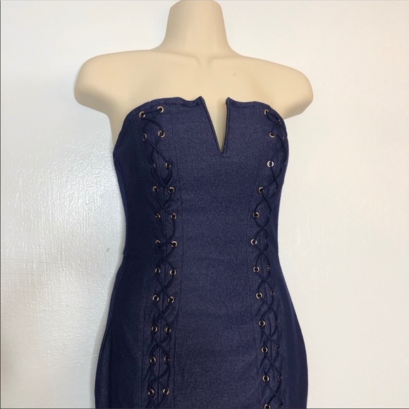 Entry dark wash “denim” lace up bodycon dress S - Picture 3 of 7